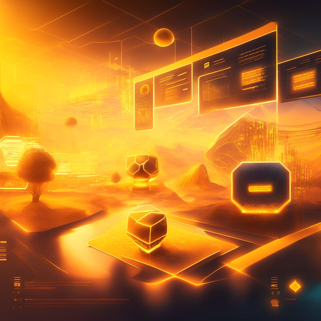 Futuristic web3 platform scene, warm golden light, diverse users accessing various blockchain services, soaring metaverse landscapes, lively play-to-earn gaming hub, sleek trading terminal, radiant NFT exchange, Alpha research suite glowing with insights, empowering mood, journey from Web2 to Web3.