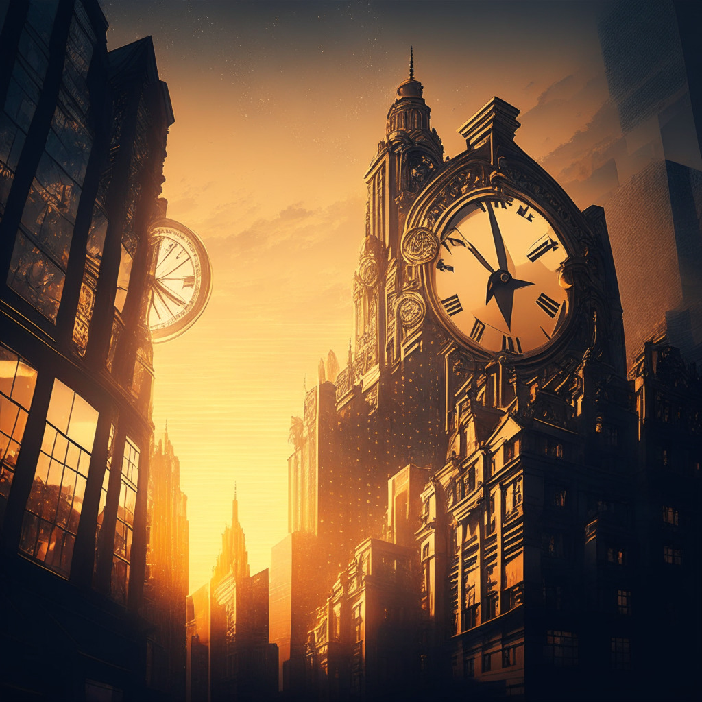 Intricate European cityscape at dusk, ESMA building in the foreground, financial district in the background, golden-hued sky, abstract geometric crypto symbols surrounding, a vintage street clock pointing at MiCA adoption time, elegant, chiaroscuro lighting, tense yet hopeful atmosphere.