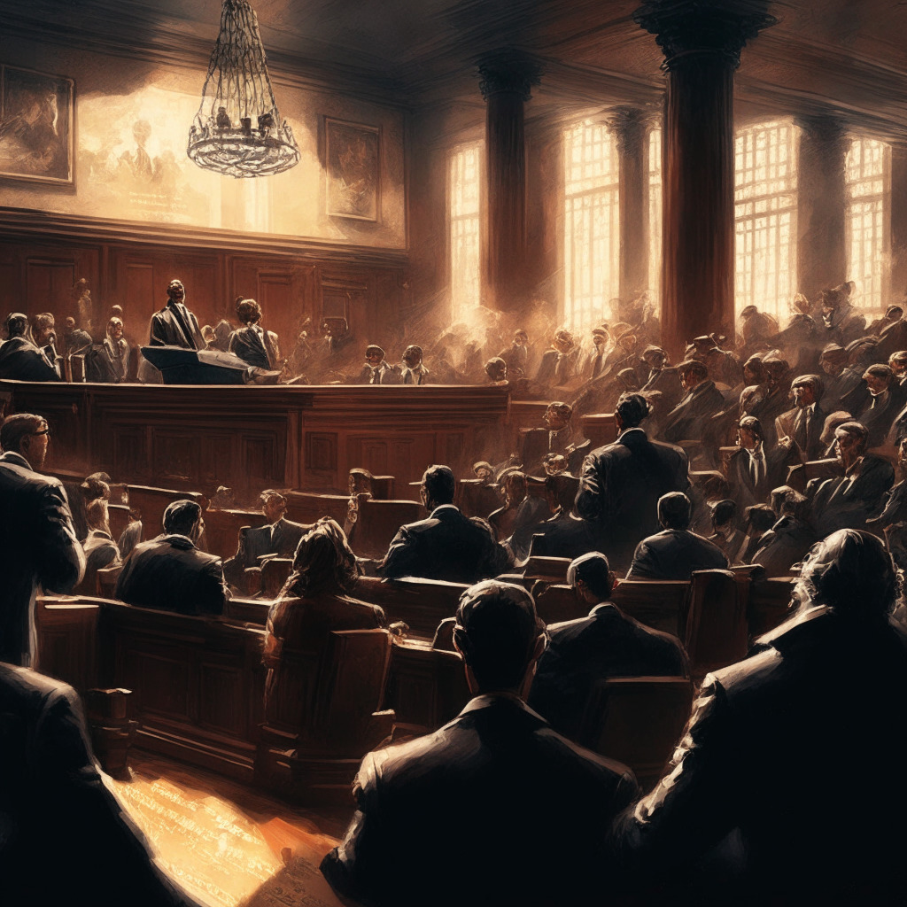 Intricate courtroom scene, SEC vs Ripple showdown, intense lighting, oil painting style, tension in the air, cryptocurrency regulation impact, Ether not a security, Hinman Speech documents, people awaiting unsealing, June 6 deadline, potential settlement hinted, consequences for crypto landscape.