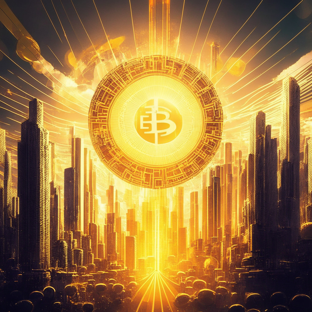 Surreal futuristic cityscape, Bitcoin symbol sun casting golden light, sleek decentralized web platforms, thriving interconnected network, empowered individuals & nodes, euphoric mood, contrast of centralized & decentralized worlds, harmonious collaboration, illustrating control of data & identity.