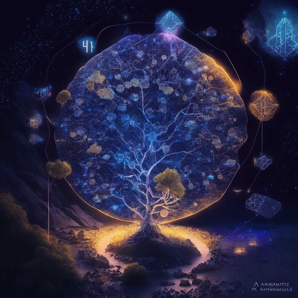Intricate blockchain ecosystem, Avalanche unlocking 9.3 million tokens, glowing node connections, subtle 1.2% supply increase, Avalanche Foundation & partners assembling, harmonious mood, contrasting locked & unlocked tokens, serene evening light, dashes of risk and opportunity, softly illuminated path to future potential.