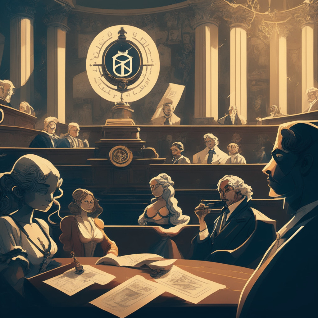 A courtroom scene with diverse crypto symbols, a judge gavel, and legal documents, contrasting light & shadows, Baroque-inspired style, earnest expressions on characters' faces, tension and anticipation in the air. Subtle hints of inconsistency and conflict, a pivotal moment in blockchain history.