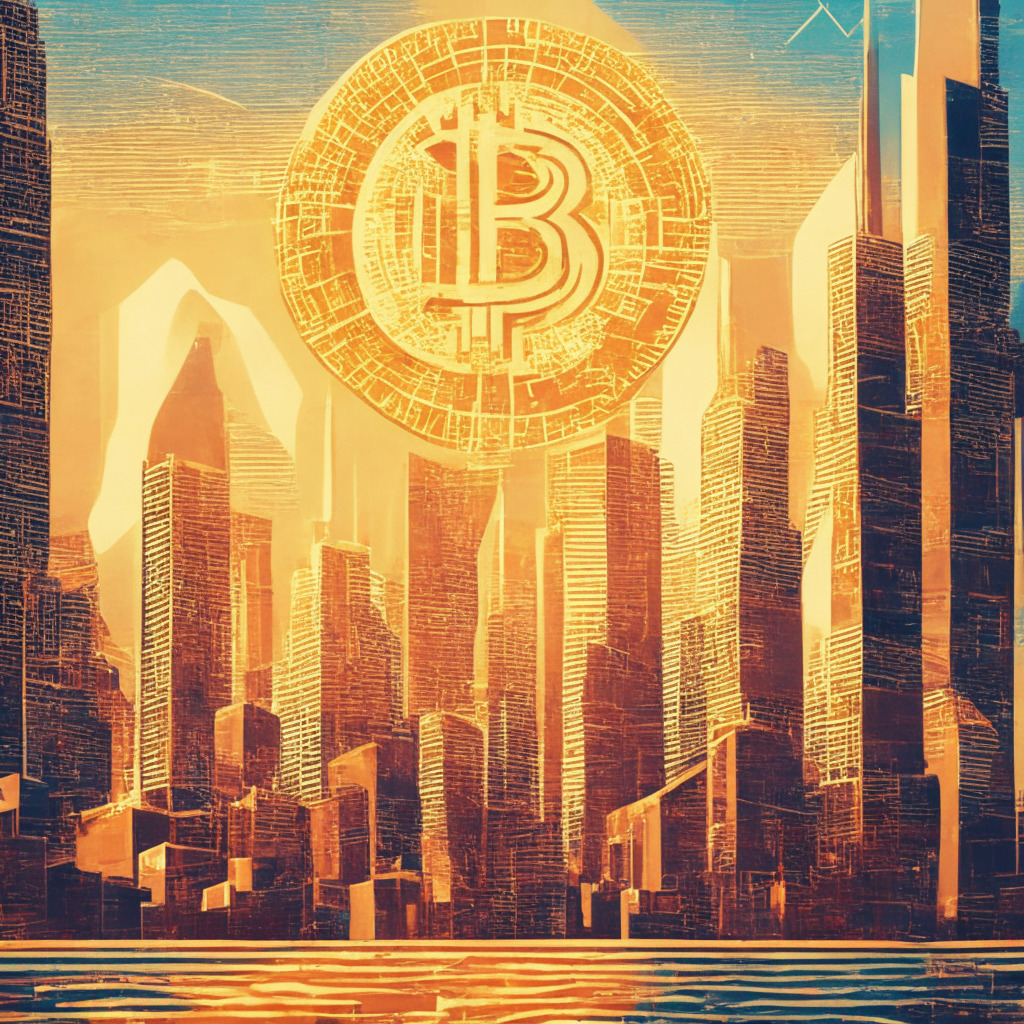 Intricate cityscape with Bitcoin logo, financial district skyline, Janet Yellen giving a speech, cryptonews industry talk, symmetrical triangle pattern merging with a breaking upward arrow, warm glow from sunrise, impressionist artistic style, harmonious color palette, optimistic mood, hovering price indicators showing $27,000 and potential resistance levels.