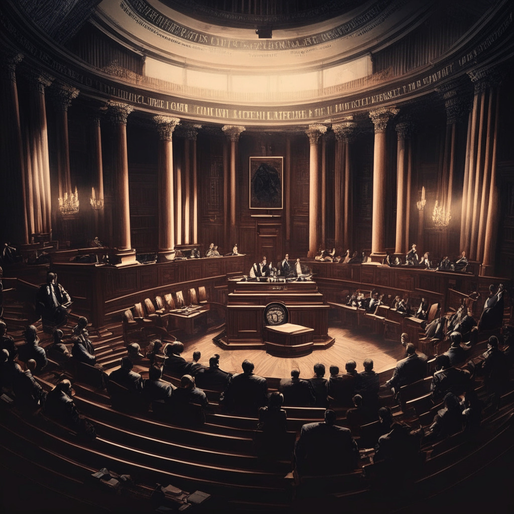 Congress members debate in historic chamber, urgency over cryptocurrency regulations, contrasting views represented: skepticism on new legislation vs. regulatory clarity, warm wooden interiors, somber atmosphere, chiaroscuro lighting, dynamic tension between tradition and innovation, hopeful undertones for a harmonized future.