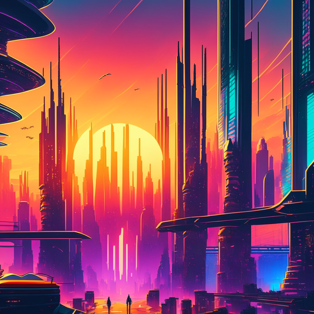 Sunrise over futuristic city skyline, vibrant colors reflecting in glass buildings, busy traders analyzing crypto derivatives markets, a mix of Art Deco and cyberpunk atmosphere with diverse tokens, bridge connecting Ethereum to Vega, dynamic DeFi landscape, supportive community voting, fair & transparent environment, elements of excitement & challenge.