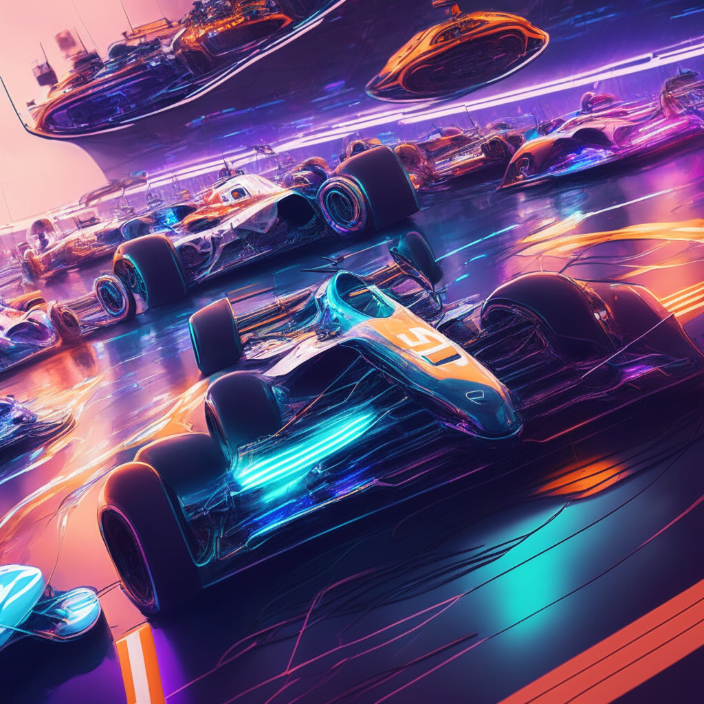 Intricate futuristic race circuit, Esports cars from Mercedes, Ferrari, McLaren, gamers competing, dynamic energy, Web3 interface, VEXT tokens floating, digital governance elements, strong lighting contrasts, electric colors, blend of realism and impressionism, adrenaline-fueled atmosphere, innovative technologies, seamlessly connecting virtual and real worlds.