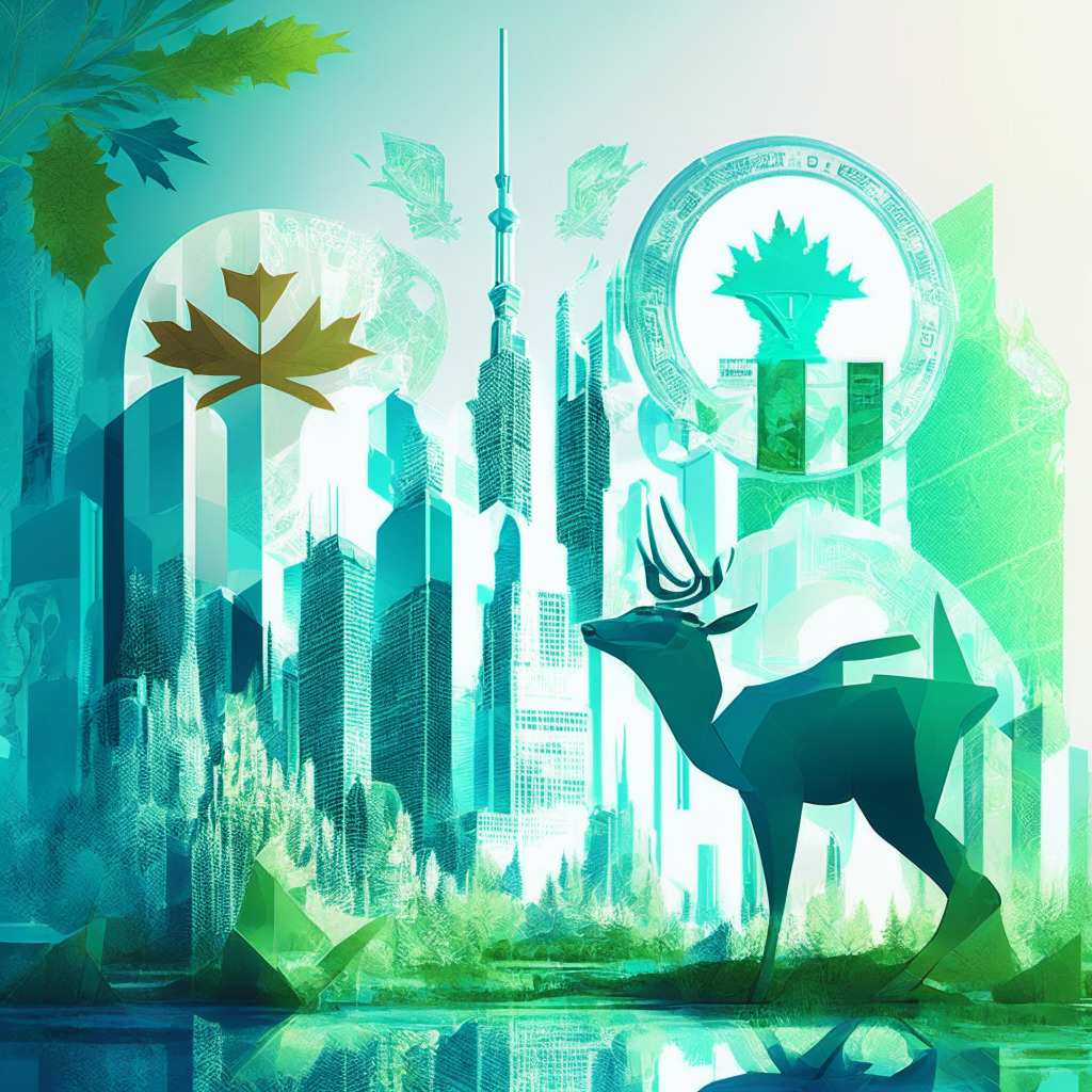 Futuristic digital city skyline, Canadian symbolic elements (maple leaf, moose, beaver), central bank building, virtual coins with digital dollar sign, citizens offering opinions and suggestions, color palette featuring shades of green, blue and silver, low-angle sunlight casting soft shadows, surrealistic art style, balance of crypto and privacy represented through abstract visuals, mood of cautious optimism.