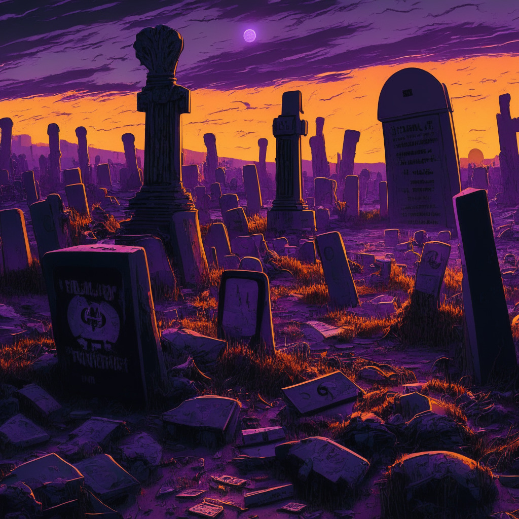 Eerie cryptocurrency graveyard at dusk, towering wreckage of a failed crypto brokerage, ghostly executives receiving payment, shades of oranges and purples in a Van Gogh style, shadows cast by sharp market fluctuations, tense mood reflects caution and due diligence in crypto trading.