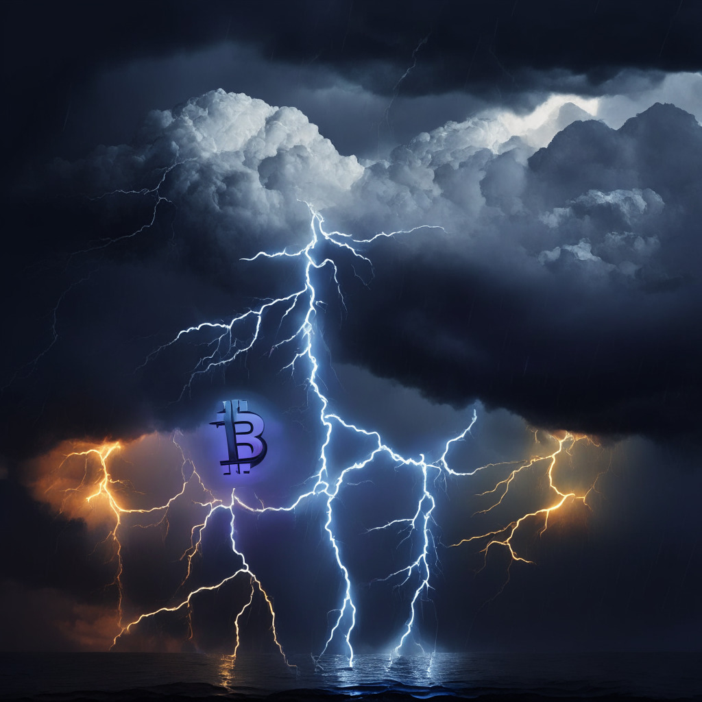 Cryptocurrency storm brewing, a delicate balance scale with liquidated assets like ALGO, CELO, and AVAX on one side & digital reimbursement assets like AAVE, ETH, BCH on the other, dark clouds representing regulatory scrutiny, flashes of lightning for uncertainty & volatility, colors symbolizing tension & optimism in a chiaroscuro-lit scene.