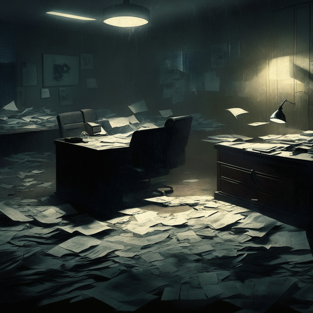 Turbulent crypto lender bankruptcy scene, dimly lit office with scattered papers, intense chiaroscuro, somber mood, crypto assets partially recovered, disarrayed buyout attempts, shadowy regulatory obstacles, cautionary tale depicted through painterly realism.