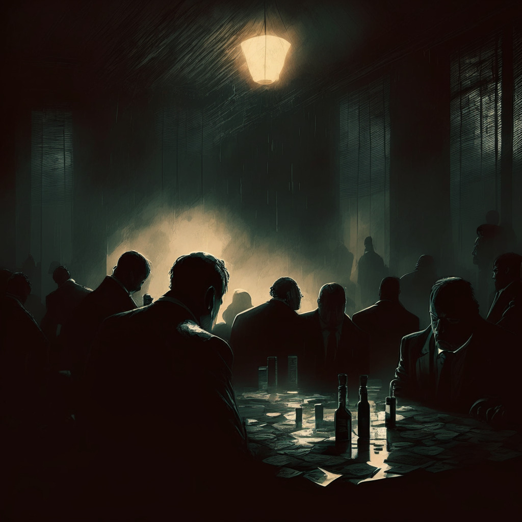 Bankruptcy aftermath, dimly lit scene, downtrodden investors, risky crypto platform, impending regulations, disappointment, resilient crypto industry, shadowy government intervention, glimmer of hope in payout, elegant chiaroscuro, melancholic mood, contrasting bright optimism for blockchain's future