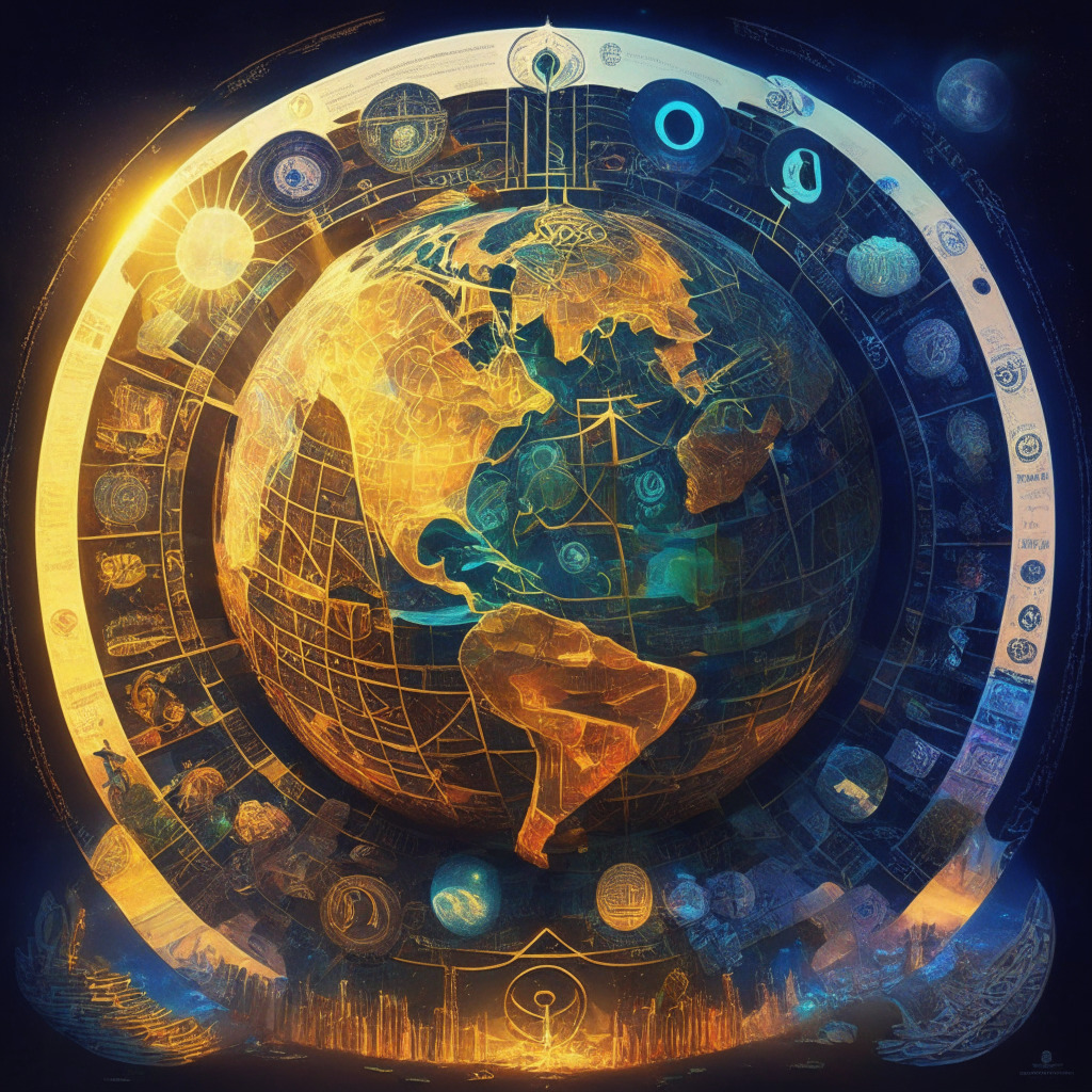 Global crypto regulations unified, diverse stakeholders, shadowy regulators and authorities, sunlight illuminating fragmented policies, harmonious financial landscape, an artistic blend of tradition and decentralization, uplifting mood, intricate digital currency interconnections.