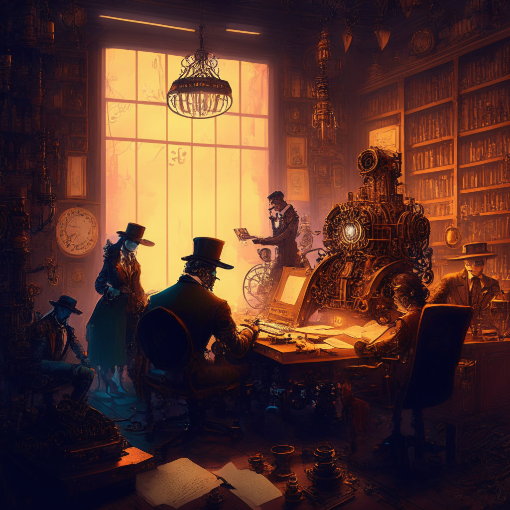 Intricate steampunk writer's room, diverse group of authors and typewriters, AI robot in the background, dramatic chiaroscuro lighting, uplifting color palette with warm tones, emotionally charged atmosphere, union solidarity, symbolic representation of creative struggle against AI technology.