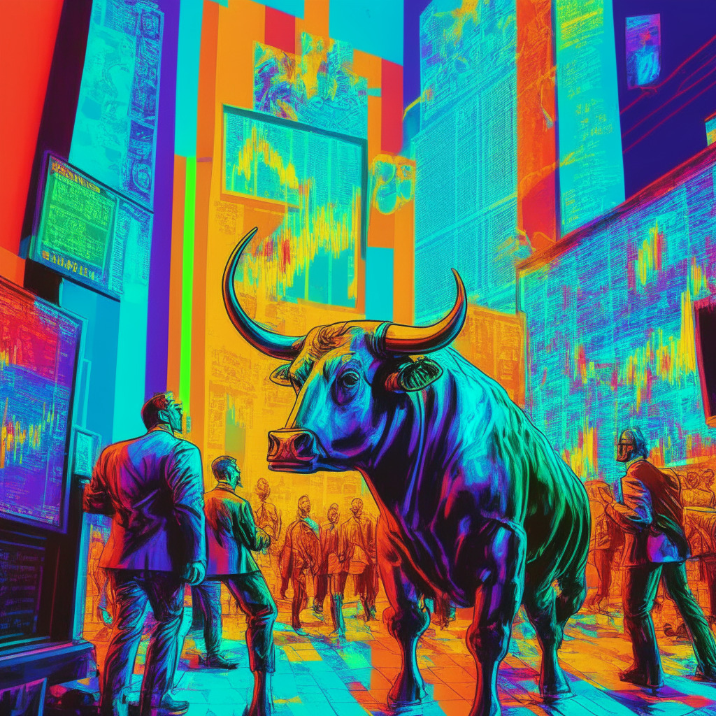 Cryptocurrency revolution, meme-inspired tokens, busy trading floor, Wall Street Bulls NFT collection, empowering retail investors, vibrant colors, Pop Art style, dynamic lighting, upward financial graph, mix of online and traditional stock trading atmosphere, optimistic mood, sense of urgency.