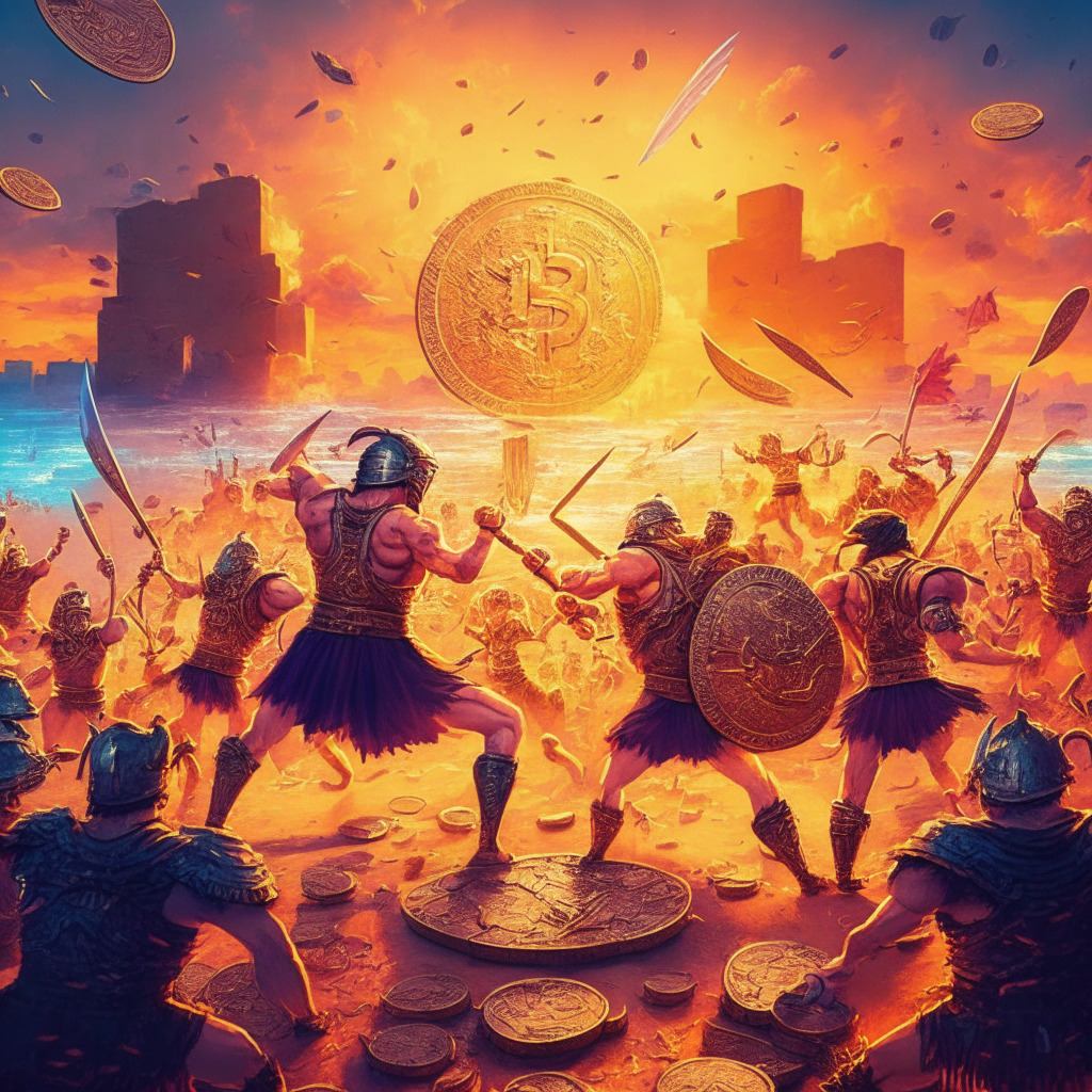 Cryptocurrency battle scene, WSM and $SPONGE coins as warriors, meme-inspired battleground, playful yet competitive atmosphere, Renaissance art style, vibrant sunset hues, community members as cheerleaders, hints of financial success, dynamic composition, air of anticipation & excitement.