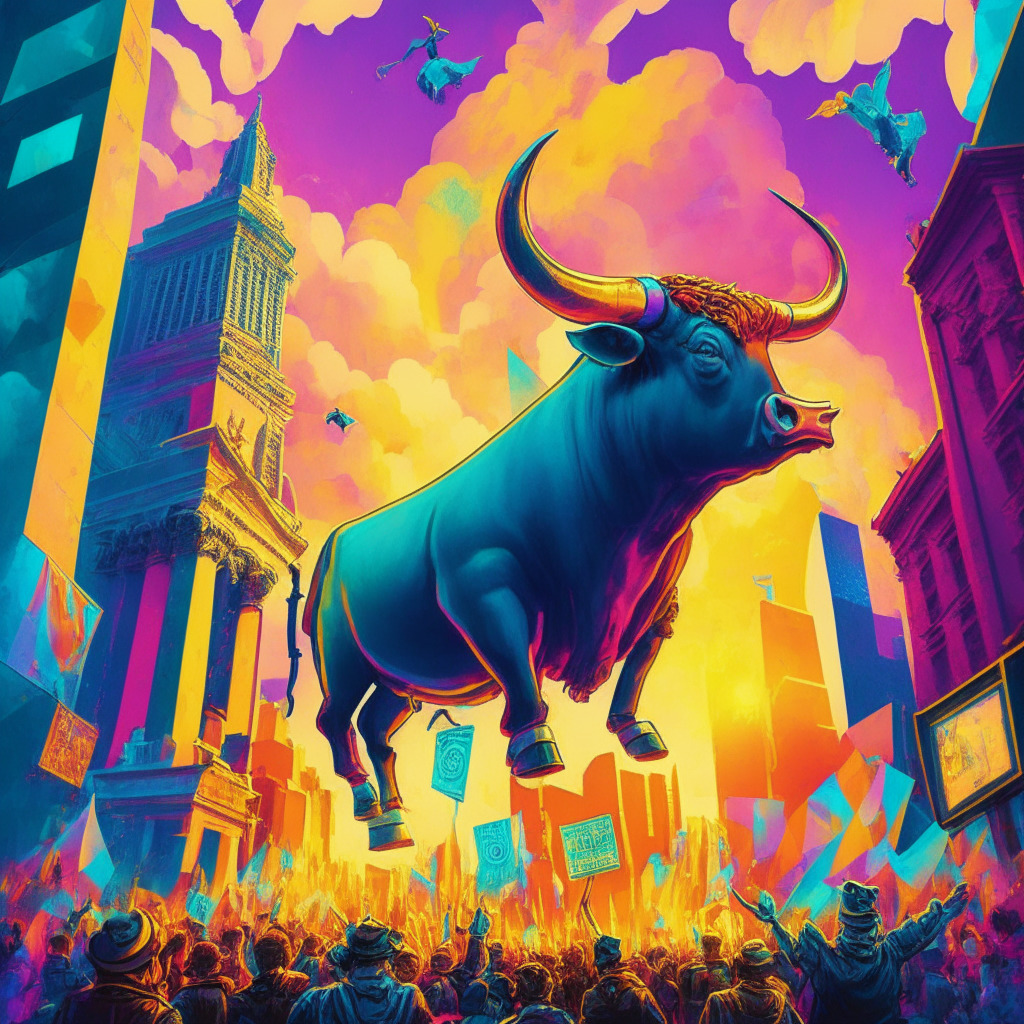 Surreal bull atop Wall Street sign, vibrant colors, cubist style, whimsical atmosphere, glowing sunset, lively crowds of little guys, cheering on meme coins, feeling of financial empowerment, storm clouds of caution, sparkle of optimism, rocket bound for unknown heights. #MemeCoinRevolution