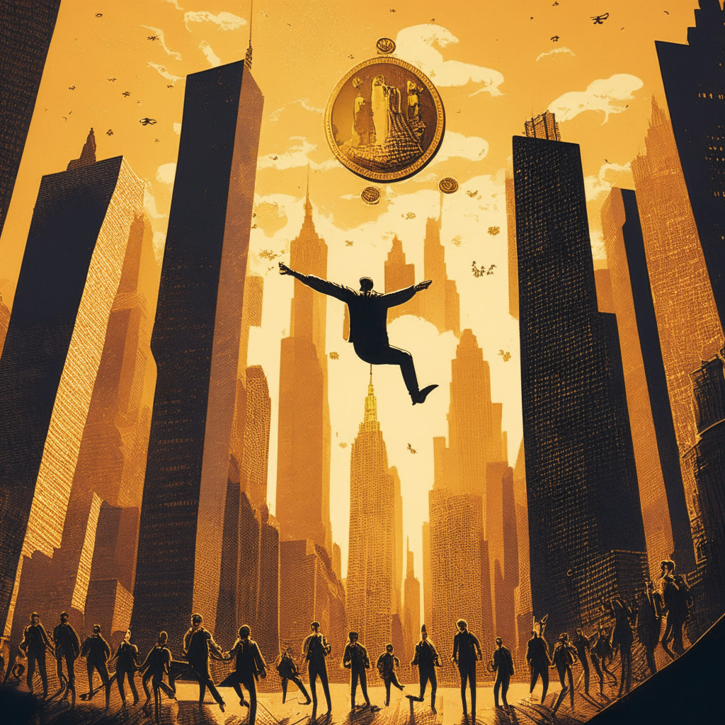 Intricate cityscape of Wall Street, meme-inspired art style, golden sunset illuminating financial district skyline, blend of excitement & risk in the atmosphere, a variety of meme coins floating in the air, people balancing on tightrope symbolizing high-risk investments, shadowy figures representing influential backers.