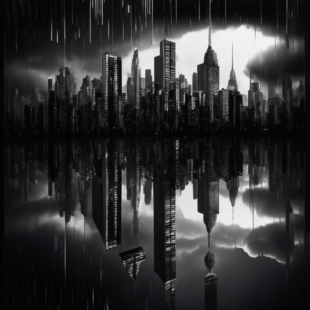 Intricate cityscape reflecting economic uncertainty, Warren Buffett withdrawing cash, looming global recession with dark clouds, tense atmosphere, Bitcoin's fluctuating value symbolized by a roller coaster, dim light setting giving contrast to the city, somber grayscale with hints of metallic sheen, a delicate balance of hope and despair in the mood.