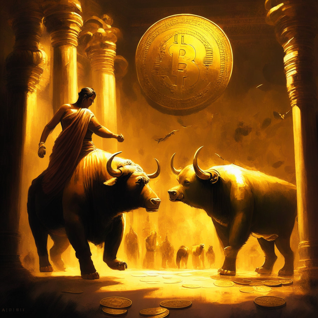 Cryptocurrency scene with Indian influences, a meme coin toss between artistic bulls and bears, glowing golden hue of opportunity vs shadows of investment risks, contrast between embracing and resisting trends, a subtle sense of excitement and caution captured in brushstrokes, 350 characters.