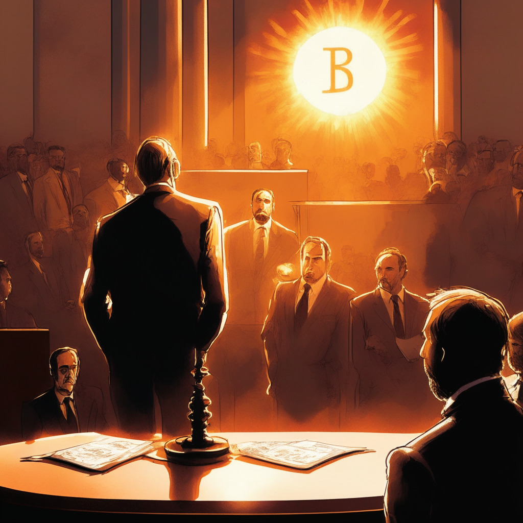 Sunset lit courtroom scene, Ripple CEO Brad Garlinghouse and Wells Fargo in the spotlight, SEC officials standing nearby, concerned citizens filling the gallery, a balance scale symbolizing the struggle between accountability and stability, contrasting hues of warm and cool tones to evoke tension and debate, subdued chiaroscuro lighting emphasizing mood.