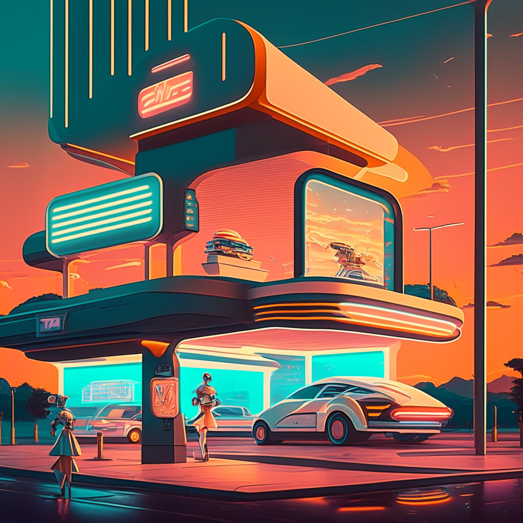Futuristic drive-thru scene with AI chatbot, warm evening light, art deco style, efficient ordering process, lively mood, human & AI interaction, tension between technology & job security, fast-food orders with upselling, curiosity & apprehension, hints of societal change, blend of innovation & tradition.