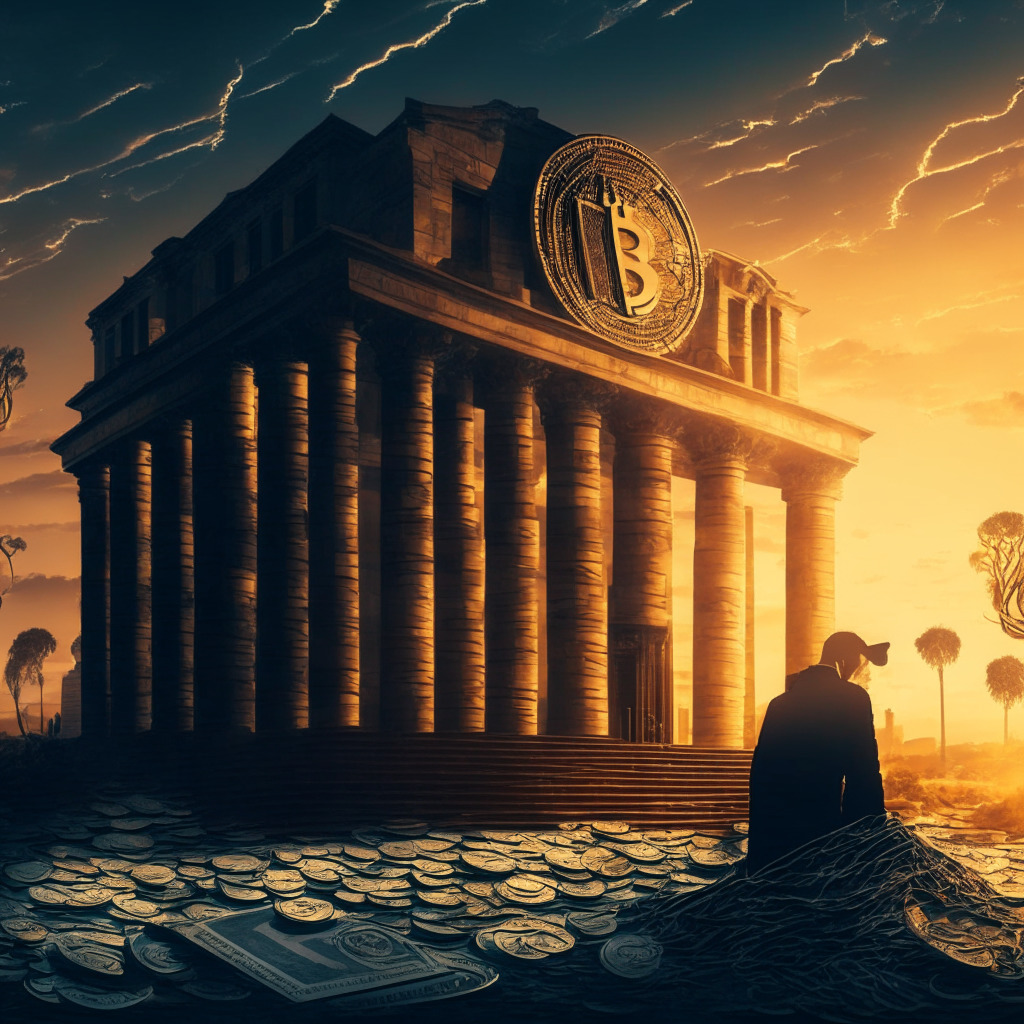 Intricate bank building, scattered crypto coins, shadowy scammer figure lurking, Australian landscape in background, digital exchange interface, concerned investors, encrypted network, protective barrier, sunset lighting, chiaroscuro effect, tense yet hopeful mood, harmonious blend of modern and traditional.