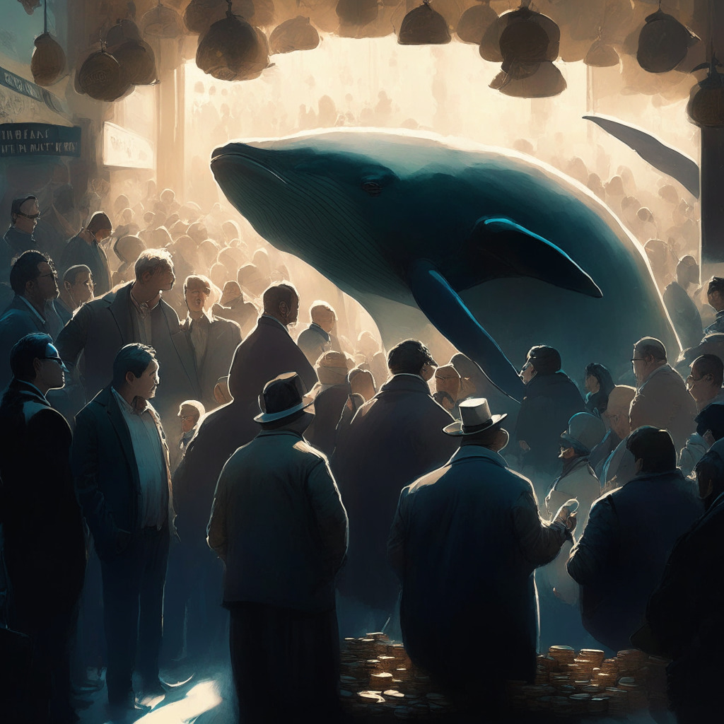 Whale investors gather around Pepecoin, optimistic mood, daytime trading scene, impressionist style, soft sunlight filtering through the busy marketplace, diverse traders in focused conversations, sharp contrast of dark silhouettes against a fading backdrop, anticipation of future price uptick.