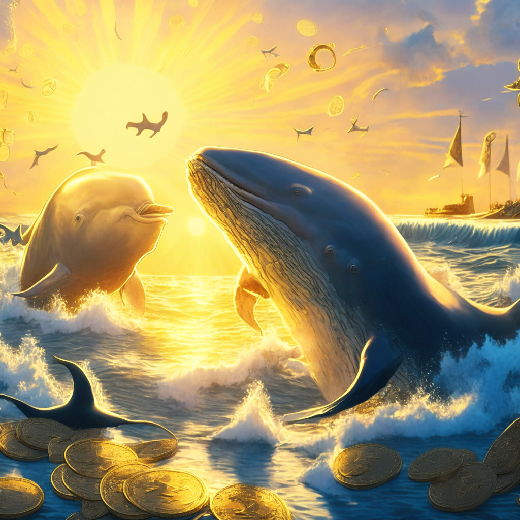 Mystical whale scene in golden hour light, cheeky meme-inspired crypto coins, PEPE and SHIB playfully dancing on ocean waves, coin-laden investors observing with intrigue, alternating rays of wealth and caution cast across the scene, a balance of euphoria and skepticism sets the mood.