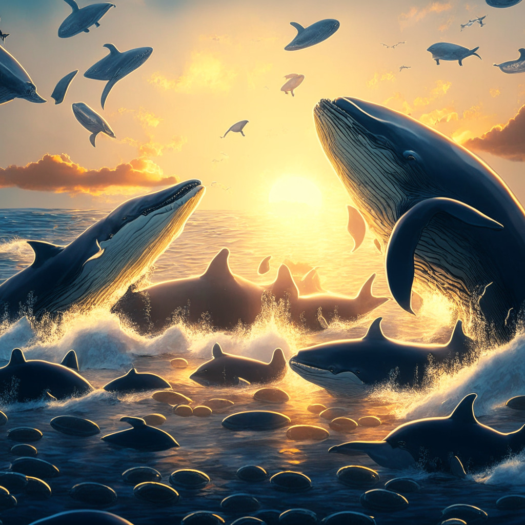 Whales shifting from Bitcoin to altcoins & stablecoins, evening light casting long shadows, Baroque-inspired scene, detailed trading charts and coins, mood of mystery and anticipation, large holders diversifying investments, lesser-known altcoins gaining attention, RNDR token rally, diversified portfolios leading to future market dynamics change.