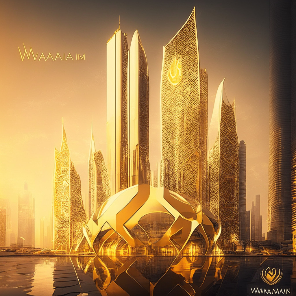 Futuristic digital bank in Bahrain, Whampoa Group's innovation hub, warm golden glow, artistic juxtaposition of tradition and technology, dynamic cityscape, cryptocurrency symbols, digital assets trading, duality of old and new values, interconnected world, serene yet progressive ambiance.
