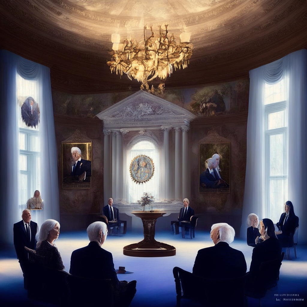 Ethereal G7 Summit backdrop, President Biden & Janet Yellen deliberating, debt ceiling looming, diverse investors & traders observing, warm & cool contrasting light, Baroque style, serene yet tense mood, innovation & regulation scales balancing, influential economic events calendared.