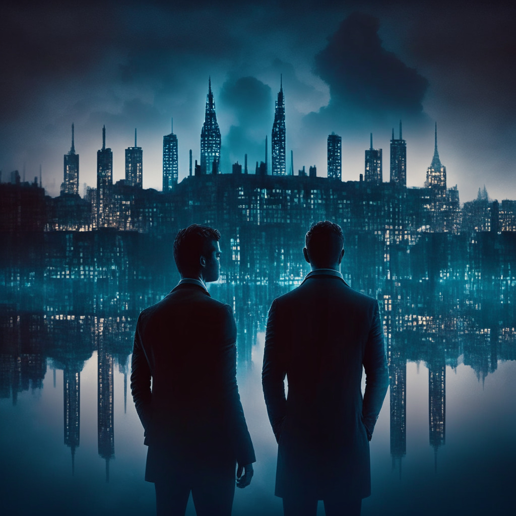 Ethereal, twilight-lit London cityscape with Winklevoss twins conversing by a prominent building, accentuated chiaroscuro effect, city equally entwined with cyber world depicting cryptocurrency expansion, businesses balancing growth & regulatory compliance, an aura of anticipation & caution.