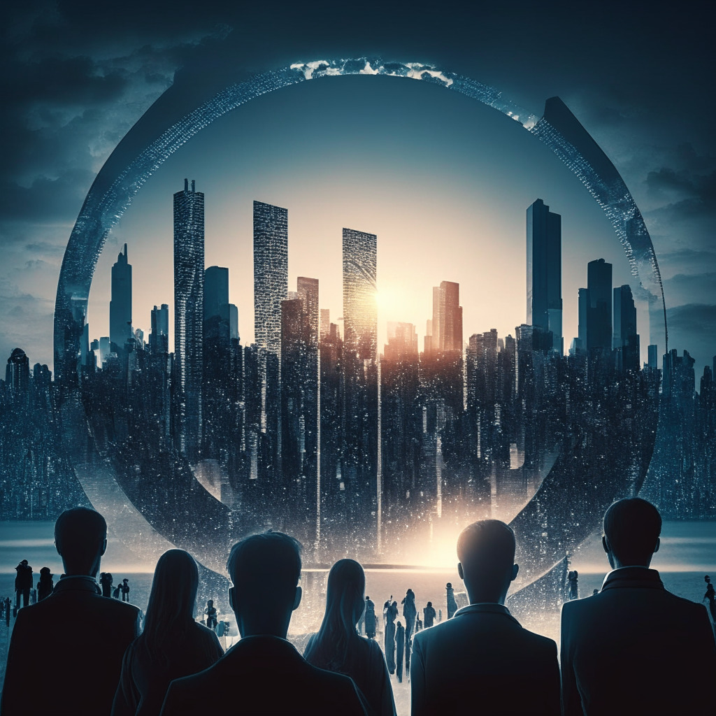 Future city skyline at dusk, silver Worldcoin emblem in the sky, diverse group of people scanning their eyes on sleek devices, contrasting themes of hope & ethical dilemma, chiaroscuro lighting, mood of cautious optimism & intrigue, intertwined concepts of finance, biometrics, and privacy.