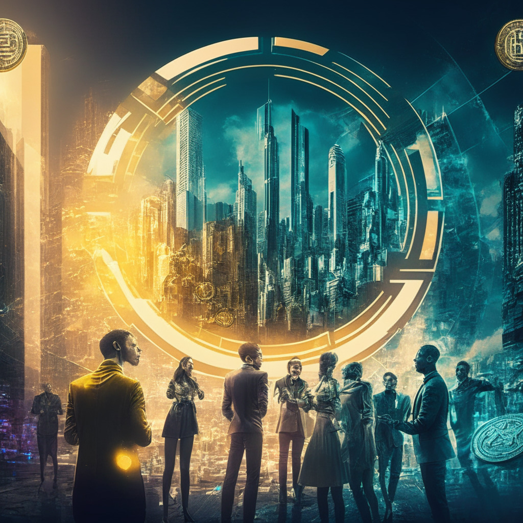 Futuristic cityscape with diverse individuals, holographic Worldcoin symbol, golden & silver digital coins, intense debate on a holographic screen, contrasting colors reflecting both skepticism & optimism, chiaroscuro lighting, dynamic composition, elements signifying financial revolution & risk, ambivalent mood.