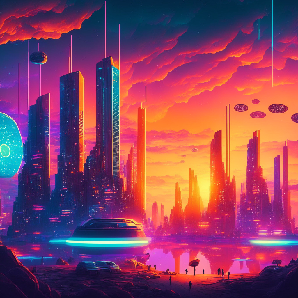 Futuristic city with decentralized, open-source protocol at its core, Worldcoin tokens & World IDs glowing, vivid colors against a sunset sky, crypto wallet beaming, diverse users accessing financial benefits through AI. Mood: cautiously optimistic, balancing user security & privacy concerns.