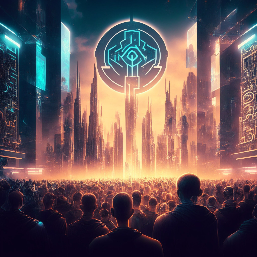 Futuristic city with digital currency symbols, Sam Altman presiding over a crowd, iris-scanning device, glowing Ethereum symbol, contrasting light and shadows, cyberpunk style, air of mystery and innovation, debate between utopia and privacy risk, hints of skepticism, optimism, and intrigue.