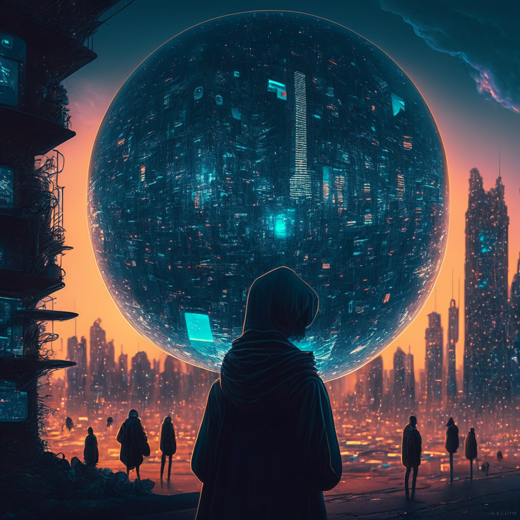 Intricate crypto cityscape at dusk, decentralized identity glowing, Worldcoin-inspired orb, people in diverse attire accessing futuristic ID kiosks, zero-knowledge proof clouds, cautious optimism in the air, cyberpunk style, chiaroscuro lighting, undercurrent of surveillance tension.