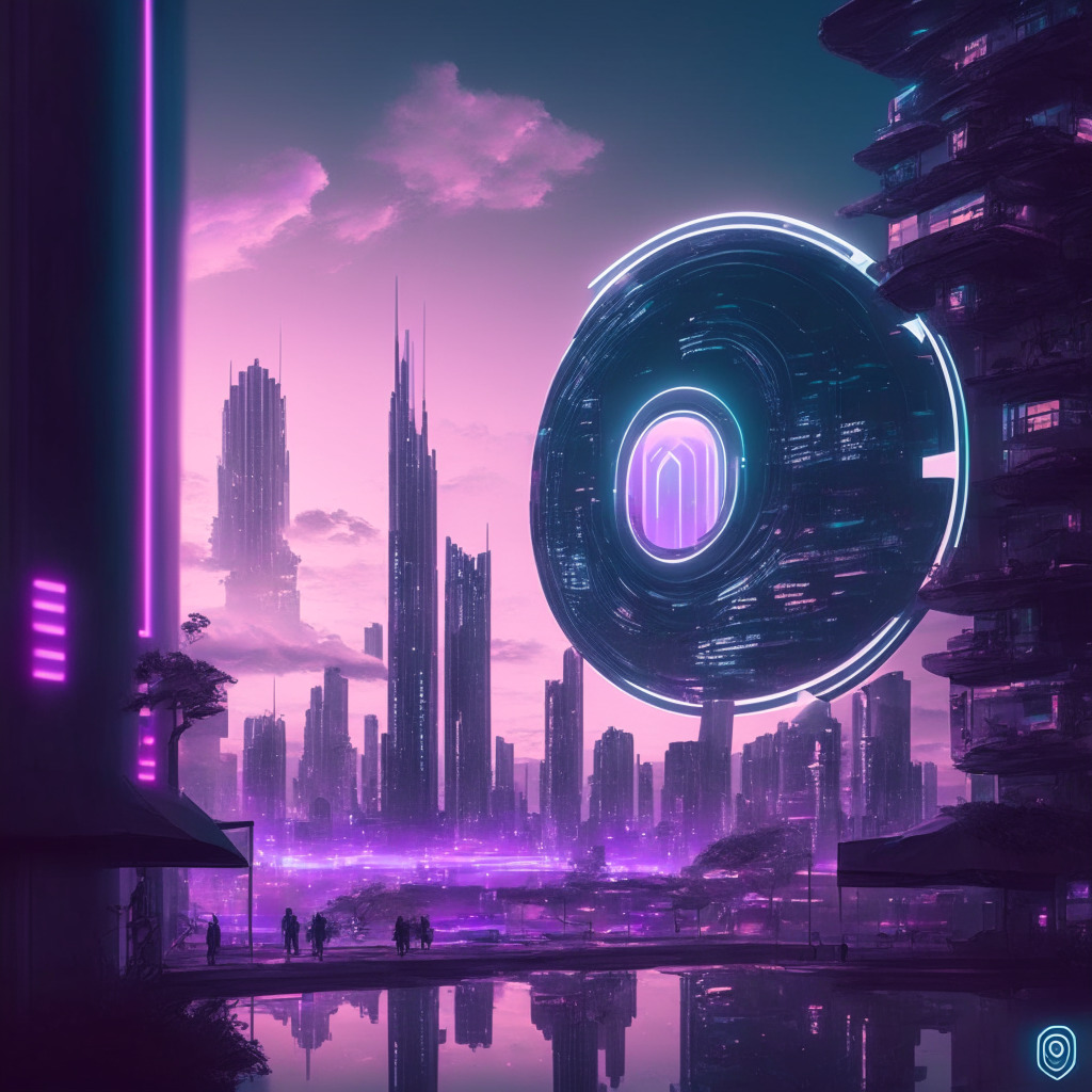Futuristic cityscape with iris scanning station, ethereal vibe, dusk lighting, soft pastel colors, focus on individual interacting with a sleek device, holographic Worldcoin logo, slight tension in mood, reflective surfaces, cyberpunk aesthetic, AI-driven world, hints of concern for privacy.