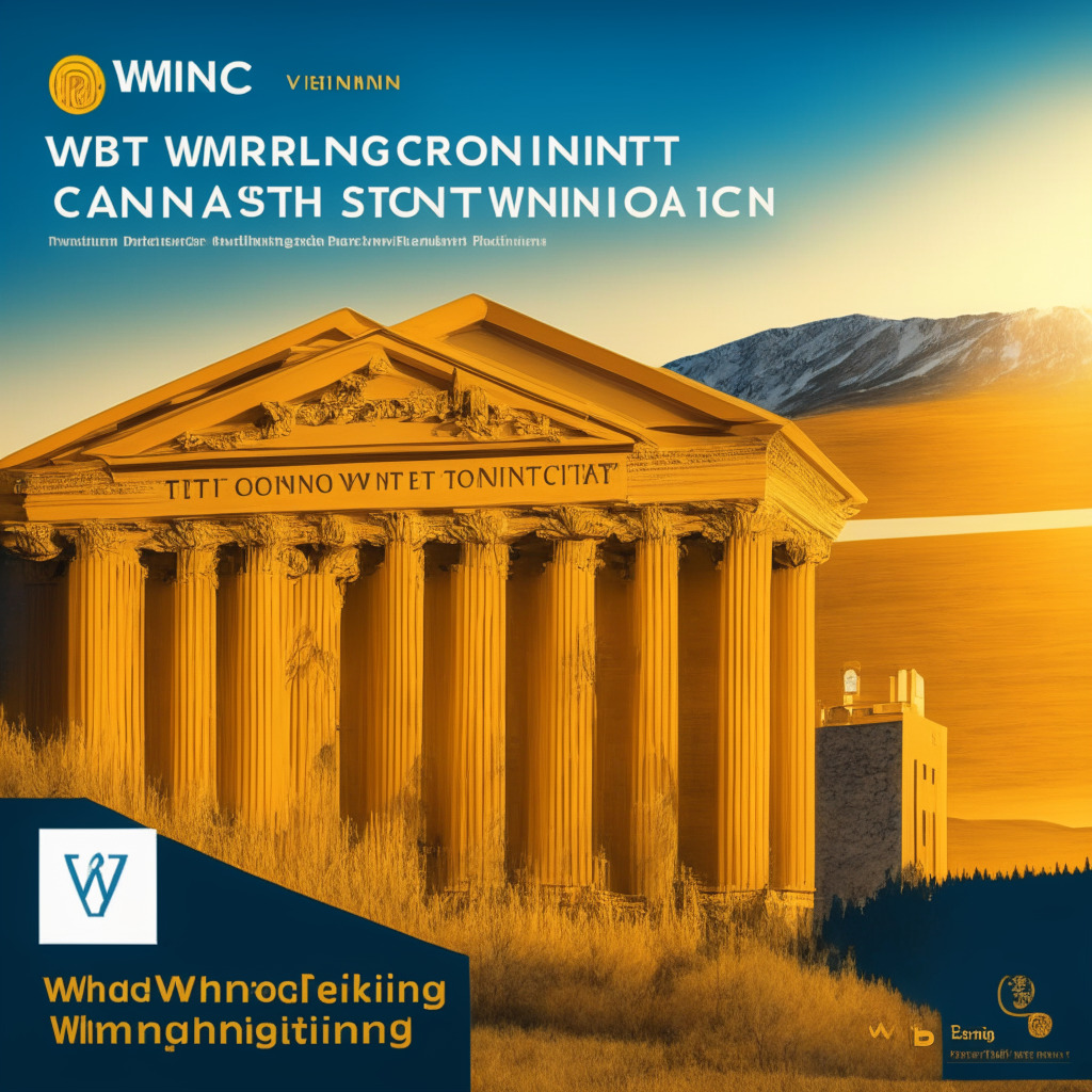 Wyoming bank launching Bitcoin custody service, legal asset segregation, traditional and crypto financial systems coexistence, potential growth in financial industry, panel discussion backdrop, warm and bright mood, synergistic effect, financial inclusion and stability, challenging the Federal Reserve, interconnected systems.