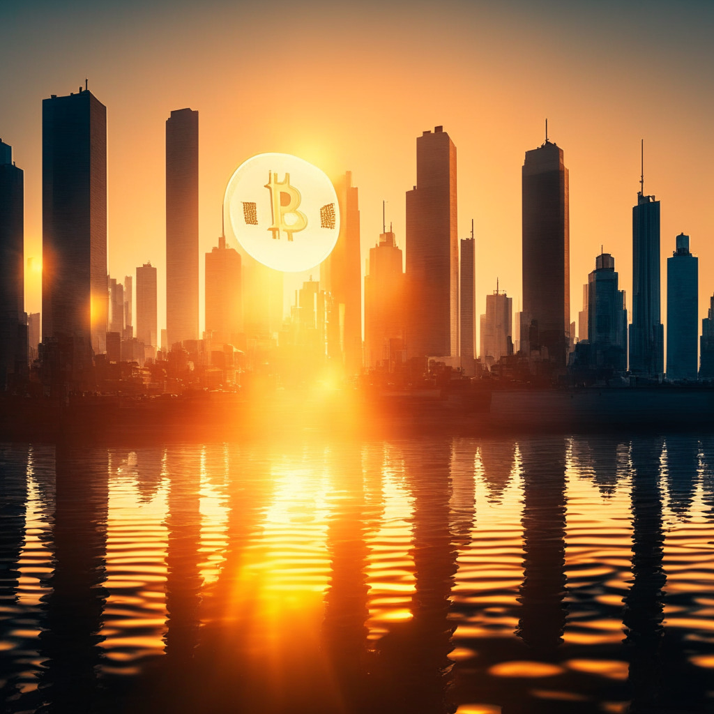 Cryptocurrency scene with XRP coin surging, strong address activity on platform, court battle backdrop, sunrise over financial district symbolizing hope, warm glow with soft shadows, inspiring air of confidence, subtle hint of FOMO, mood of anticipation for possible settlement outcome.