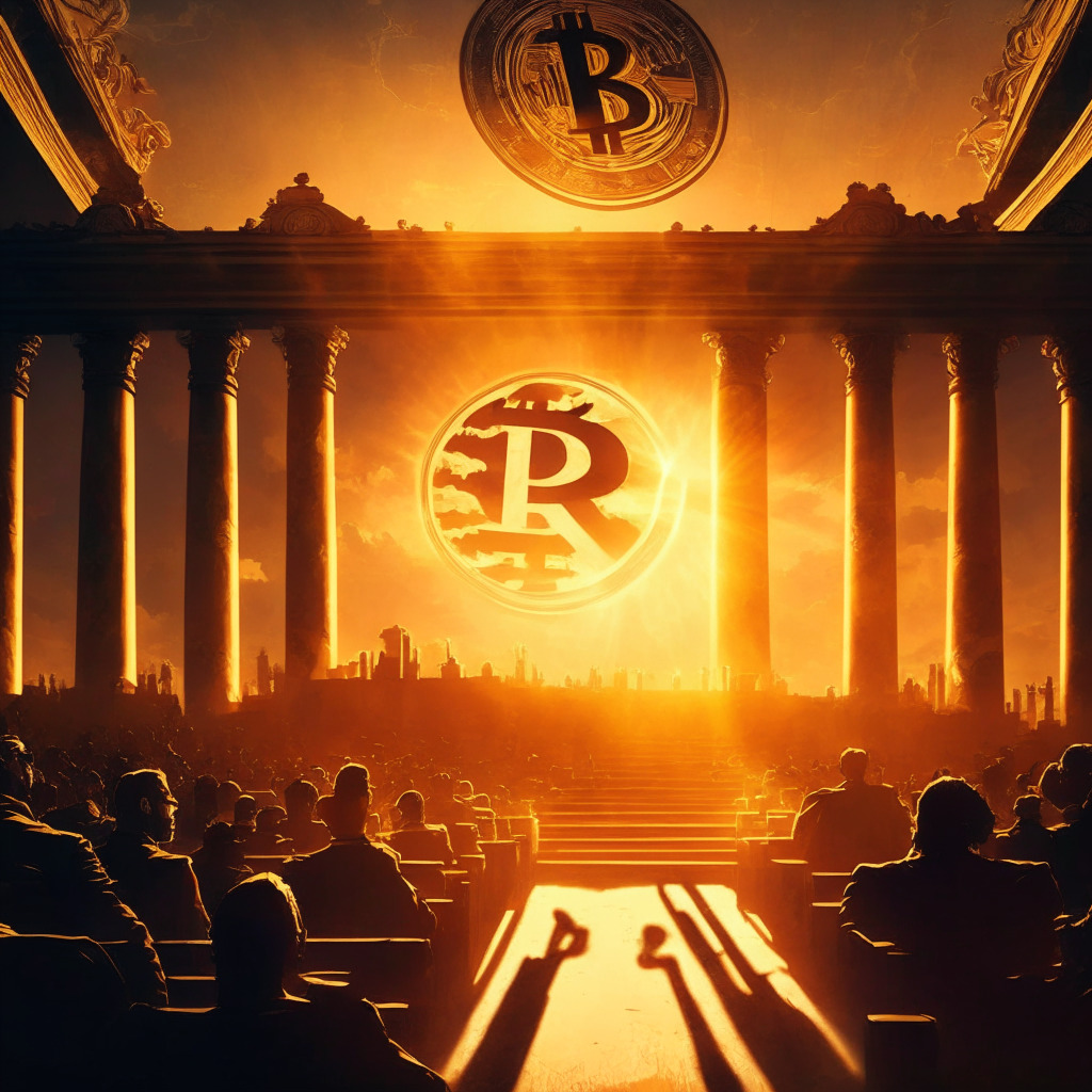Dramatic courtroom scene with XRP soaring, sunset golden hour lighting, baroque painting style, ripple wave patterns, hopeful yet uncertain mood, cryptocurrencies in shadowy background, no logos present.