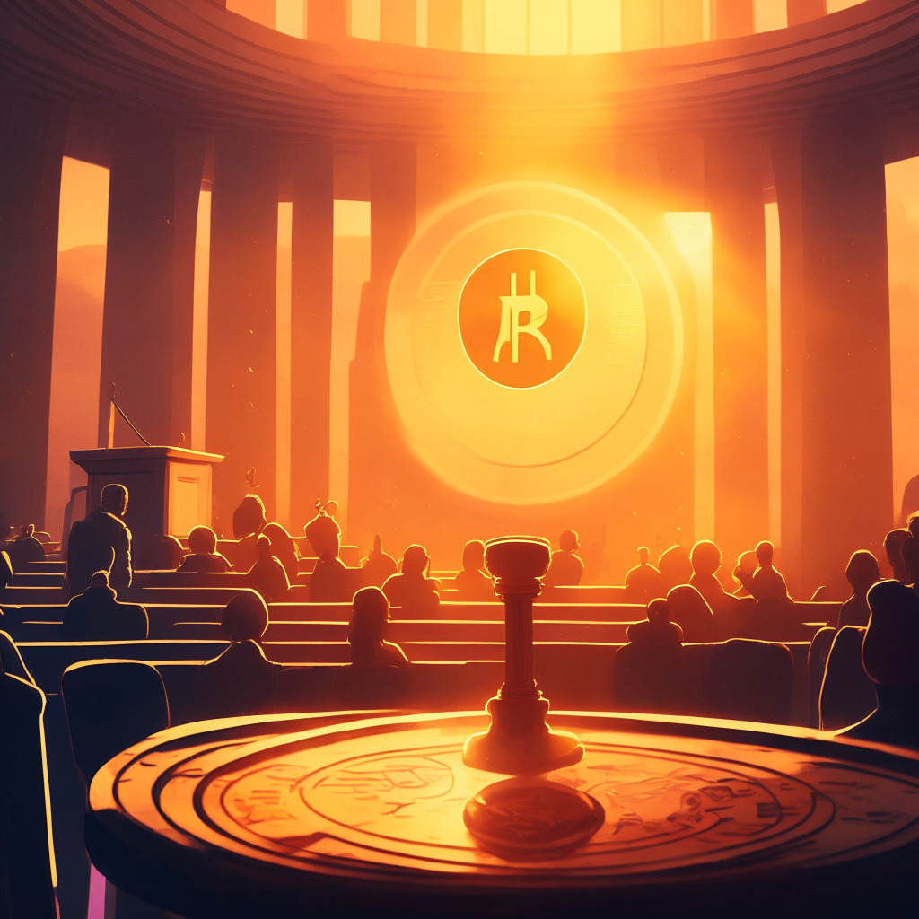 A courtroom scene with a balanced scale, XRP coin on one side, blockchain on the other, sunrise in the background, warm colors, chiaroscuro lighting, optimistic mood, crypto tokens hovering upward, and soft texture strokes to represent Ripple's victory in the SEC lawsuit and growth in crypto market.
