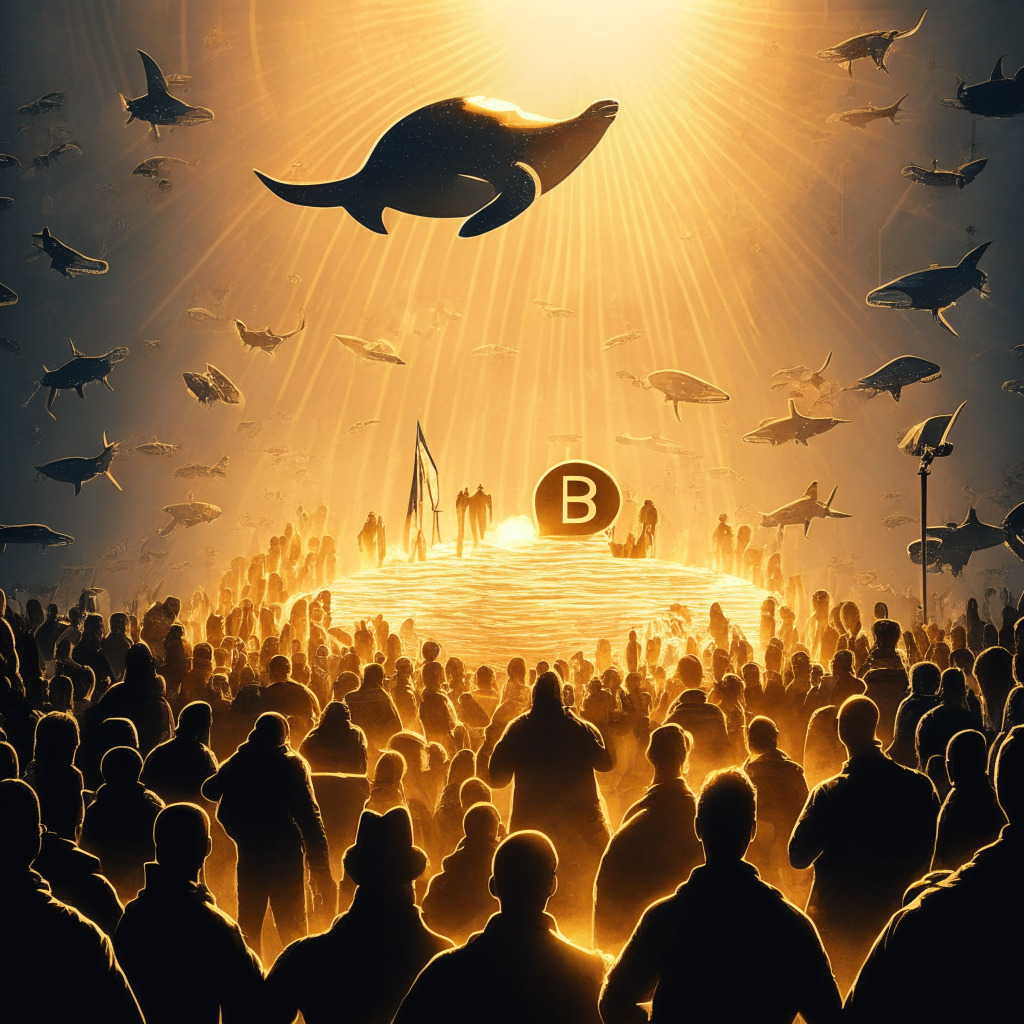 Intricate crypto market scene, warm golden light, XRP coin surrounded by smaller altcoins, ascending trendline, serene whale silhouette, Ripple-SEC legal battle, scales of justice teetering, CEO confidently addressing audience, faded chatter symbol for low social dominance, air of cautious optimism.