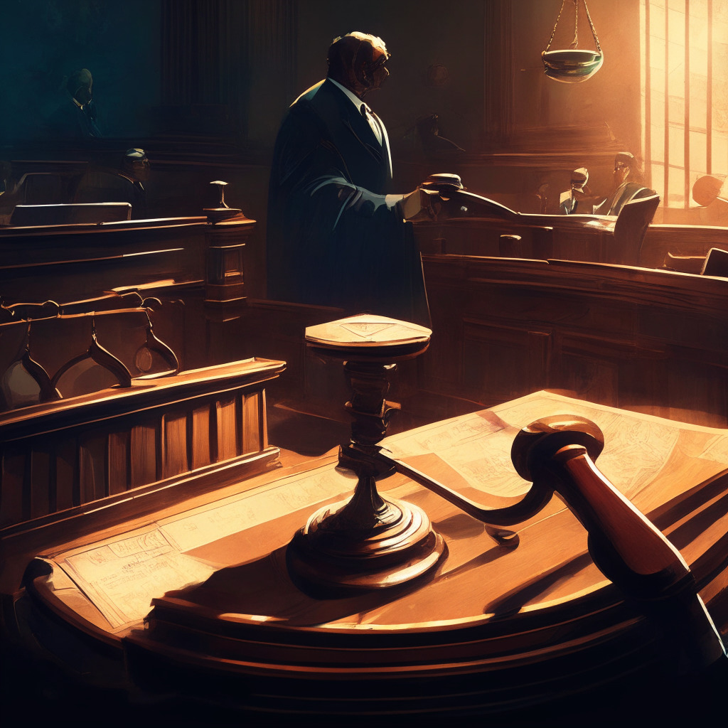 Intricate court scene, wooden gavel and scales of justice, tense atmosphere, Ripple CEO confidently discussing case, lawyer expressing cautious outlook, crypto tokens subtly visible, hints of global map, contrasting light and shadows, painting-like style, mood of uncertainty and anticipation.