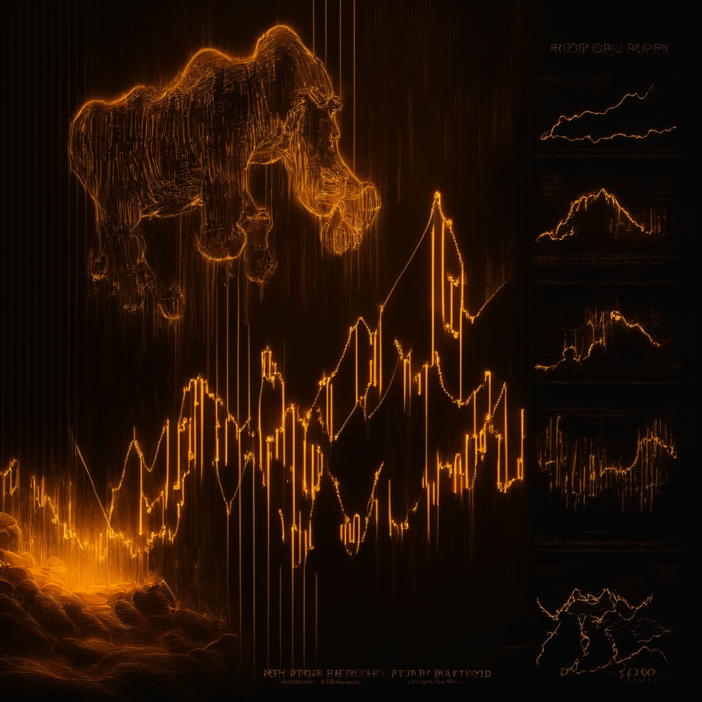 Intricate cryptocurrency chart, XRP price breakout, trend reversal, candlelit room reflecting market mood, soft glow illuminates bear & bull battle, golden hues on dark canvas, dramatic contrast, hope-infused atmosphere, dynamic DMI crossover, uplifted confidence, alluding to Ripple lawsuit impact, sans logos.