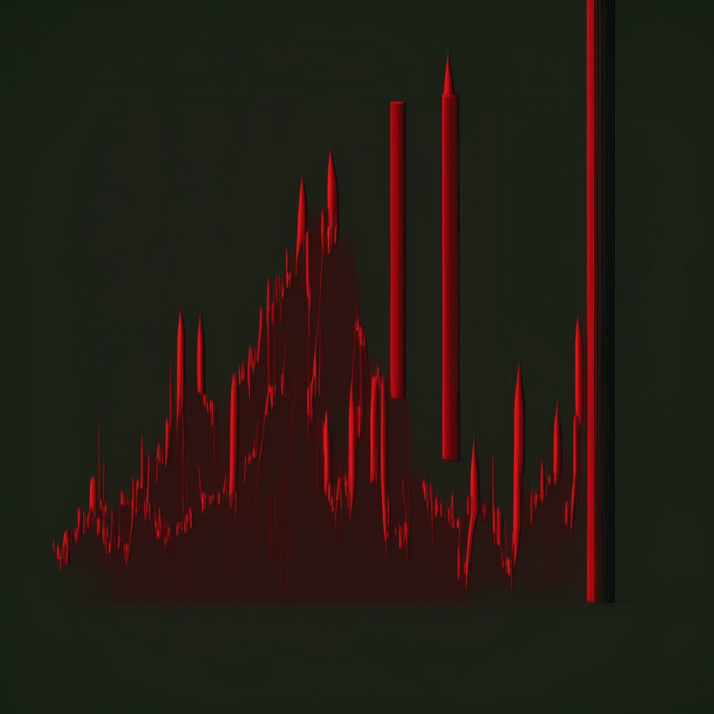 Intricate financial graph, bearish hammer candle at resistance trendline, falling channel pattern, mood: uncertain, light setting: dimly lit office, artistic style: minimalism, focus on red candles, 0.17% intraday loss, key price levels: $0.37, $0.46, color palette: red, green and grayscale