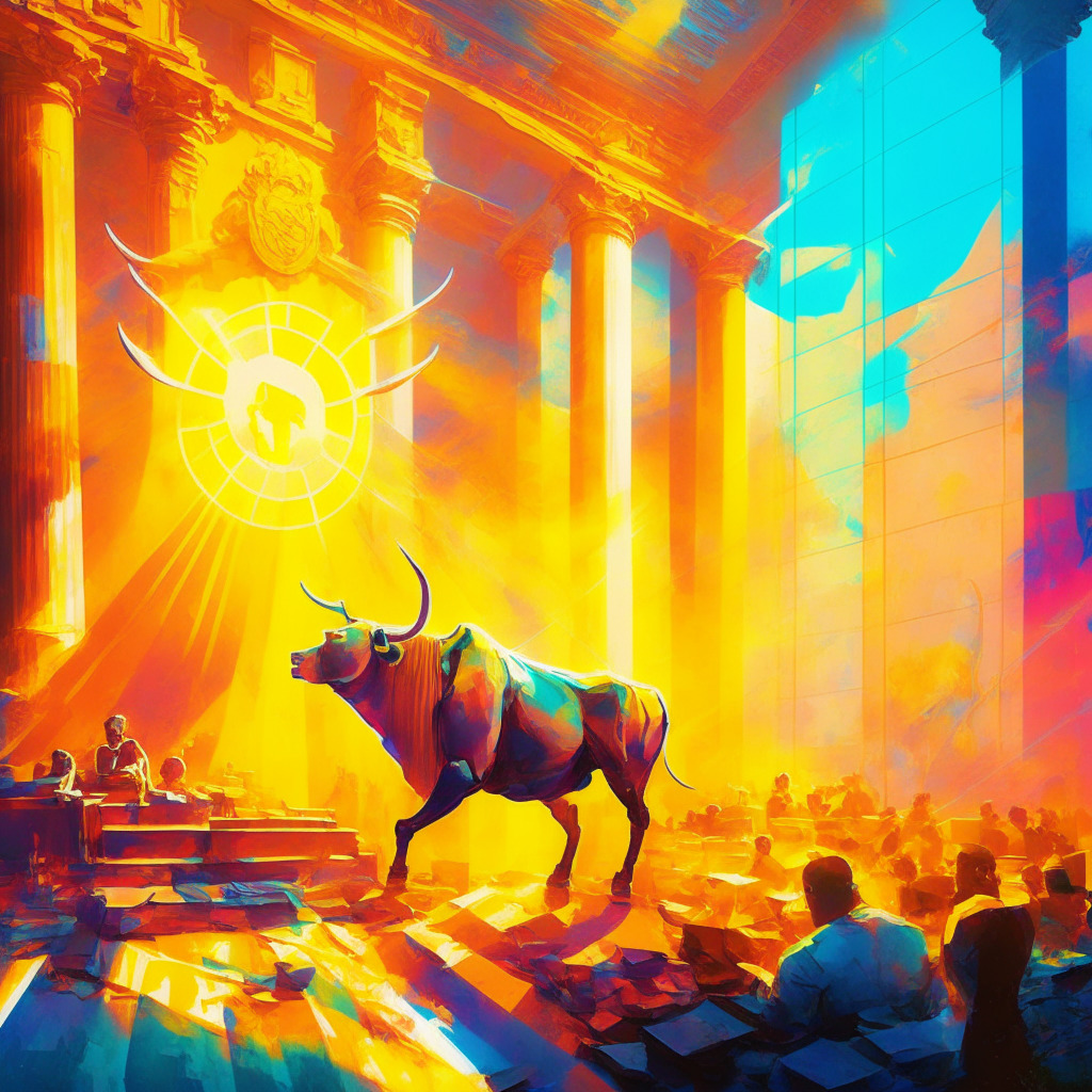 Bullish XRP amid SEC case, vibrant hues, courtroom backdrop, soaring XRP graph, sunlit rays symbolizing hope, warm color palette, dynamic brushstrokes, contrast of tension & optimism, financial mixed with environmental elements, Ecoterra tokens & recycling, harmonious composition.
