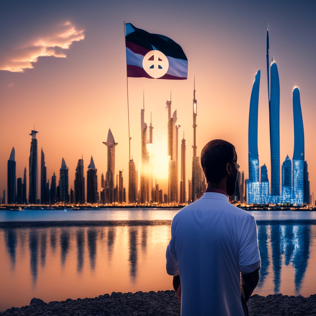 Elegant Dubai skyline at dusk, Ripple CEO Brad Garlinghouse in center, holding a glowing XRP coin, a $1 billion price tag, Swiss & UAE flags in background, optimistic color palette, soft crepuscular light, dynamic composition, sense of growth and innovation, mood of financial revolution, supporting structures symbolizing friendly crypto ecosystem.