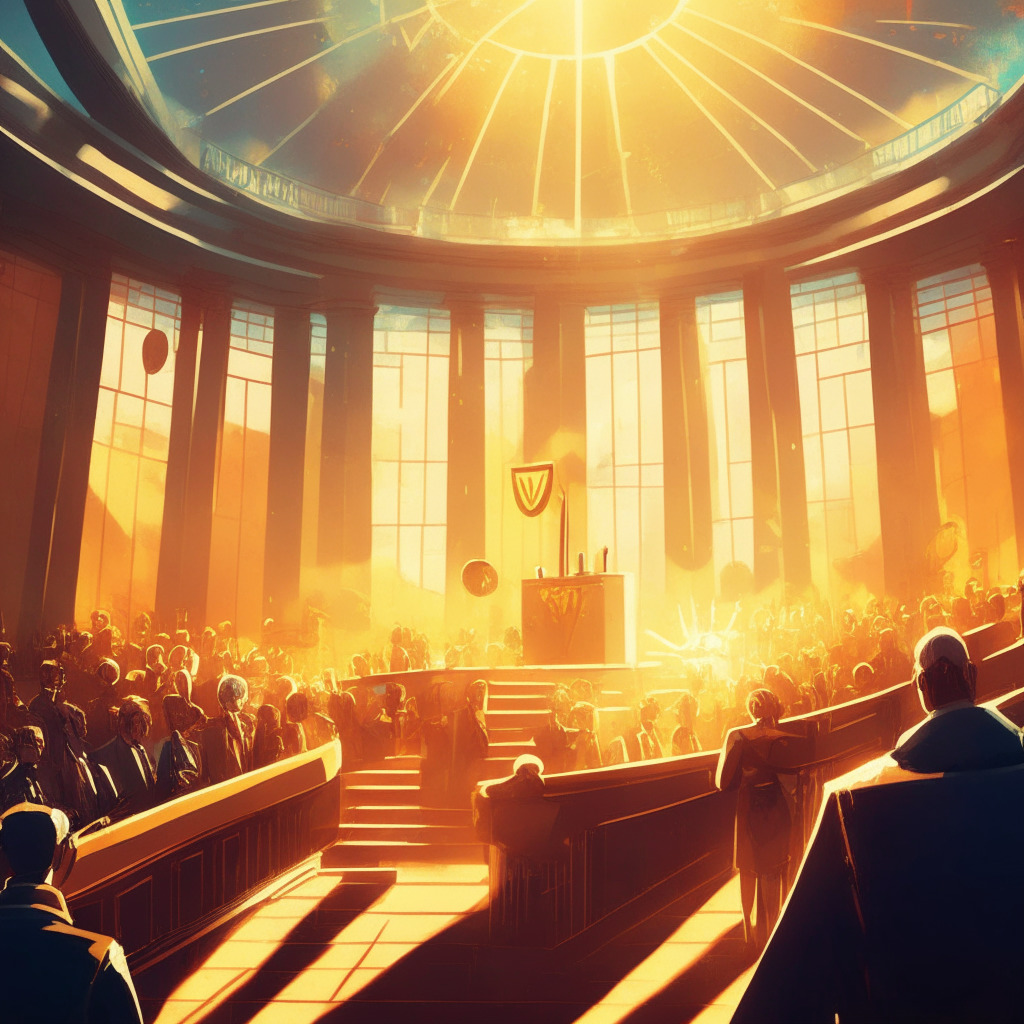 Sunlit courtroom scene with scales of justice, Ripple coin, and optimistic crowd, Neo-Futuristic art style, warm colors, strong upward light, inspirational and hopeful mood, SEC vs Ripple battle, signs of victory, possible XRP breakout, diverse investments.