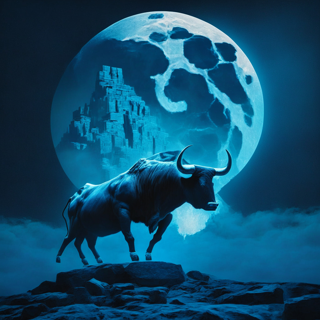 Moonlit financial landscape, XRP coin triumphantly breaking through the $0.50 barrier, contrasting BTC & ETH downturn, artistic blend of optimism & resilience, a prominent bull amidst bearish surroundings, subtly hinting at $2 FOMO potential, brightening prospects for Ripple's future.